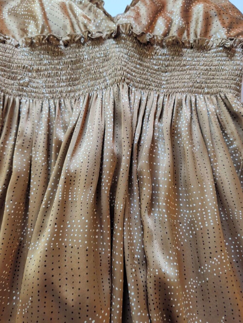 VTG BCBGMAXAZRIA 100% Silk Bronze Brown Polka Dot Smocked Babydoll Dress Large - Picture 9 of 10